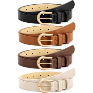 VONMELLI 4 Pack Womens Thin Leather Belt Skinny Waist Belts for Women Fashion Jeans Dress with Gold Buckle (Fit Waist Size 39"-45", Black+ Light Brown+ Coffee+ Beige)