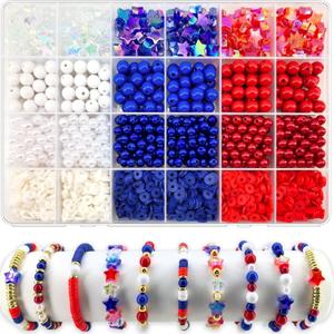 1938Pcs Red White Blue Beads Kit, 4th of July Patriotic Clay Beads Star Beads Round 6mm Pearl Beads for Jewelry Making Independence Day Polymer Clay Beads Heishi Beads for Necklace Bracelets Earrings