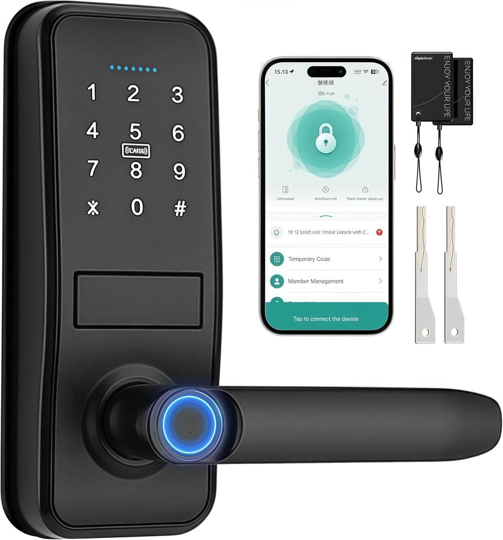 Keypad Smart Door Lock with Handle, QWUE Keyless Entry Smart Lock for Front Door, 5-in-1 Smart Unlock Solution, APP Control, Anti-Peep Keypad Code, Easy Installation and Waterproof Design