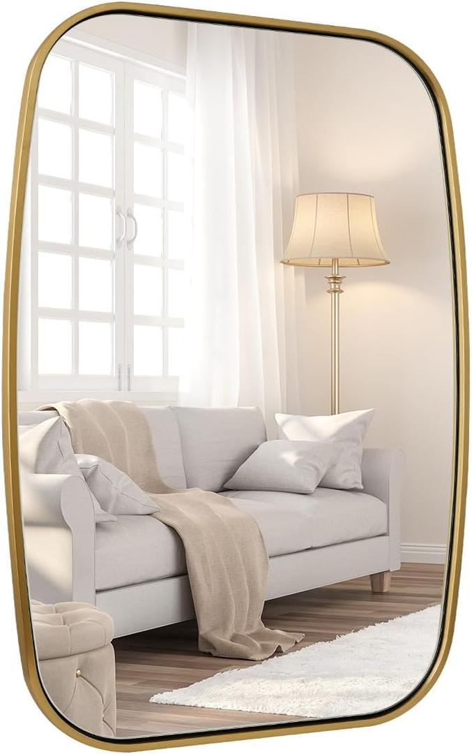 ANDY STAR Brushed Gold Oval Square Bathroom Mirror, 28x36 Inch Brass Oblong Mirrors for Wall, Modern Squoval Vanity Mirror in Stainless Steel Metal Tube Frame, Wall Mount Horizontal or Vertical