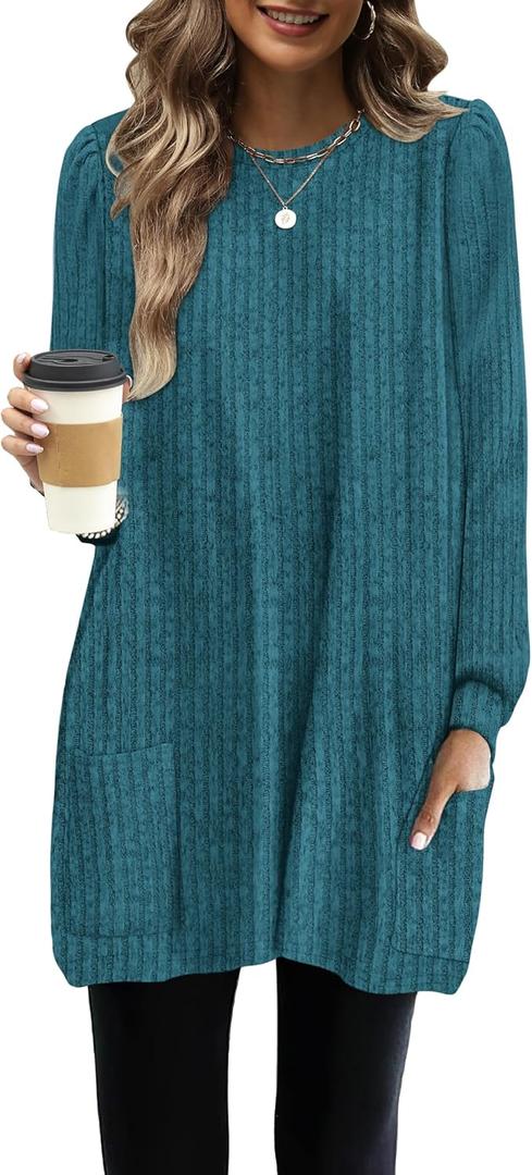 OFEEFAN Long Sleeve Shirts for Women Long Sweaters with Pockets Tunic Tops Loose Fit (Blue, M)