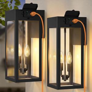 2-Pack 17.87" Extra Large Outdoor Wall Lights with GFCI Outlet, Black 2-Light Porch Lights Outdoor, Waterproof Exterior Lamp with E12 Sockets for House, Porch, Patio, Garage