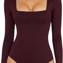 MANGOPOP Women's Square Neck Short Sleeve Long Sleeve Bodysuit Sexy Body Suits Shirt Slim Fitted Tops, Size: XL