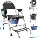 Folding Bedside Commode Chair for Elderly with Adjustable Height, Toilet Seat with Footrest and Soft PU Seat Cushion, Adults Potty Chair with Storage Cloth Bag for Seniors, Disabled (Black)