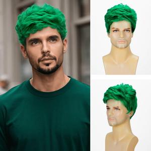 DDHAIR Short Green Wig Men, Natural Wavy Textured Synthetic Heat Resistant Hair for Mens Cosplay Halloween (Green)
