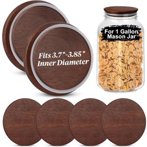 4 PCS 1 Gallon Mason Jar Lids Wooden Fits 3.7 Inch Inner Dia Replacement Mason Jar Lids Ball Glass Jar Lids Wooden Lid with Silicone Seal Canning Jars Lids Only for 1 Gallon Jars(4, Dark Acacia)