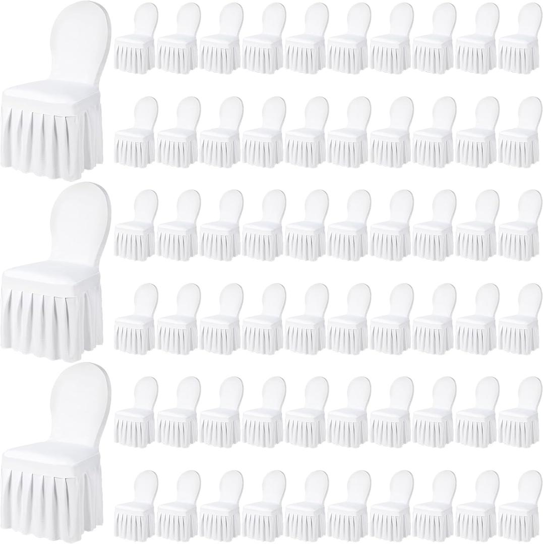 Oudain Chair Slip Covers with Skirt Wedding Long Stretch Spandex Dining Chair Cover Protectors Removable and Washable for Hotel and Wedding Ceremony(White,60 Pieces)