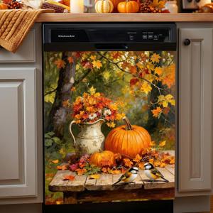 Fall Dishwasher Magnet Cover 23 x 25.5 Inch, Pumpkin Floral Birds Dishwasher Magnetic Cover, PVC Dishwasher Decorative Magnet for Kitchen Decor