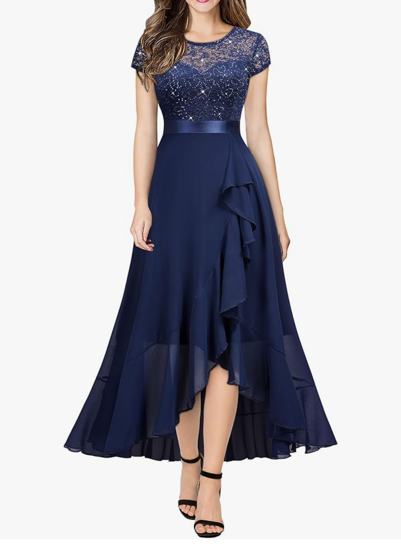 Women's Retro Lace Contrast Chiffon Ruffle Evening Maxi Dress, L