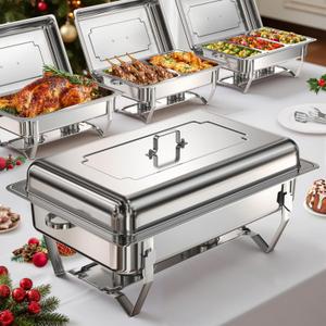 WARMOUNTS Rectangular Chafing Dishes for Buffet with Upgraded Multi-Size Food Pans (9QT, 4Pack), Large Chafing Dish Set w/Mirror-Polished Stainless Steel, Rolled Rim, Foldable Frame, for Parties