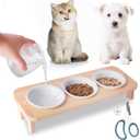 3 Elevated Cat Food and Water Bowl Set with Stand,15Tilted Raised Pet Bowlfor Kittens/Puppy with 3 Ceremic Dishes, Indoor Cat Food BowlAnti-Vomit & Whisker Fatigue Relief, Dishwasher Safe (Wooden)