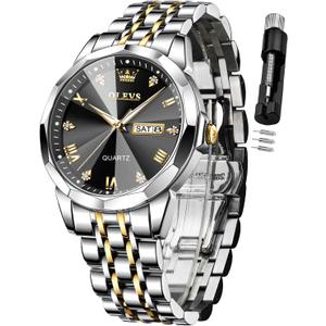 OLEVS Watch for Men Diamond Business Dress Analog Quartz Stainless Steel Waterproof Luminous Date Two Tone Luxury Casual Wrist Watch
