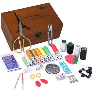 Wooden Sewing Kit Box, Wooden Sewing Box with Sew Kit Accessories, Sewing Repair Kit Sewing Basket, Basic Sewing Kit for Adults, Beginner Universal Home Sewing Repair Tool Kit - Vintage Sewing Set (Retro Eiffel Tower)