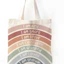 Cute Small Tote Bag for Women, Kids Tote Bags for Girls, Boho Neutral Rainbow Library Book Tote Bag Gift for Teen Girls, I Am Kind I Am Smart I Am Brave