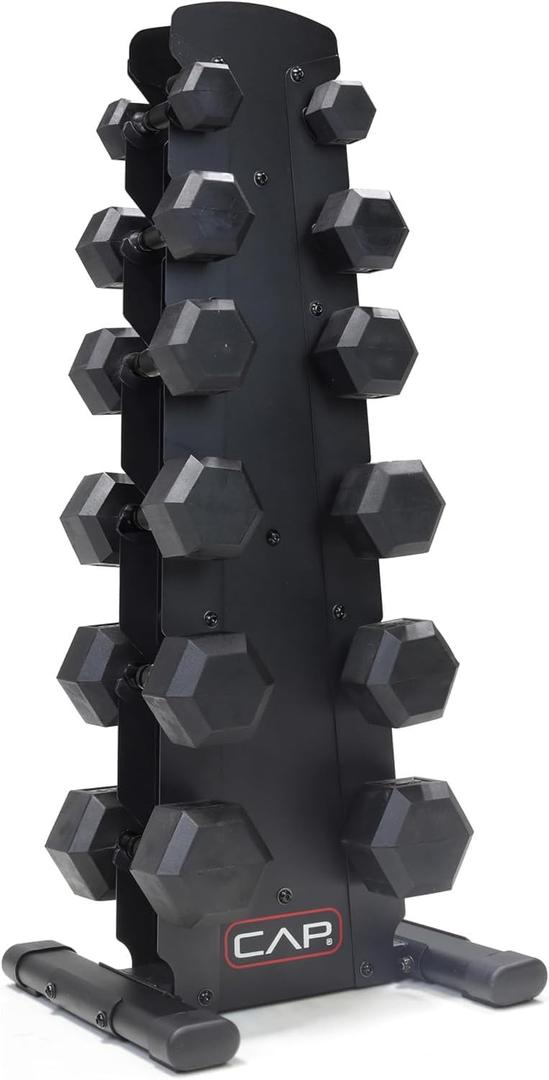 CAP Barbell Rubber Coated Hex Dumbbell Set with Storage Rack | 100210 lb Options, Space-Saving Vertical Compact Storage for Home Gym Strength Training
