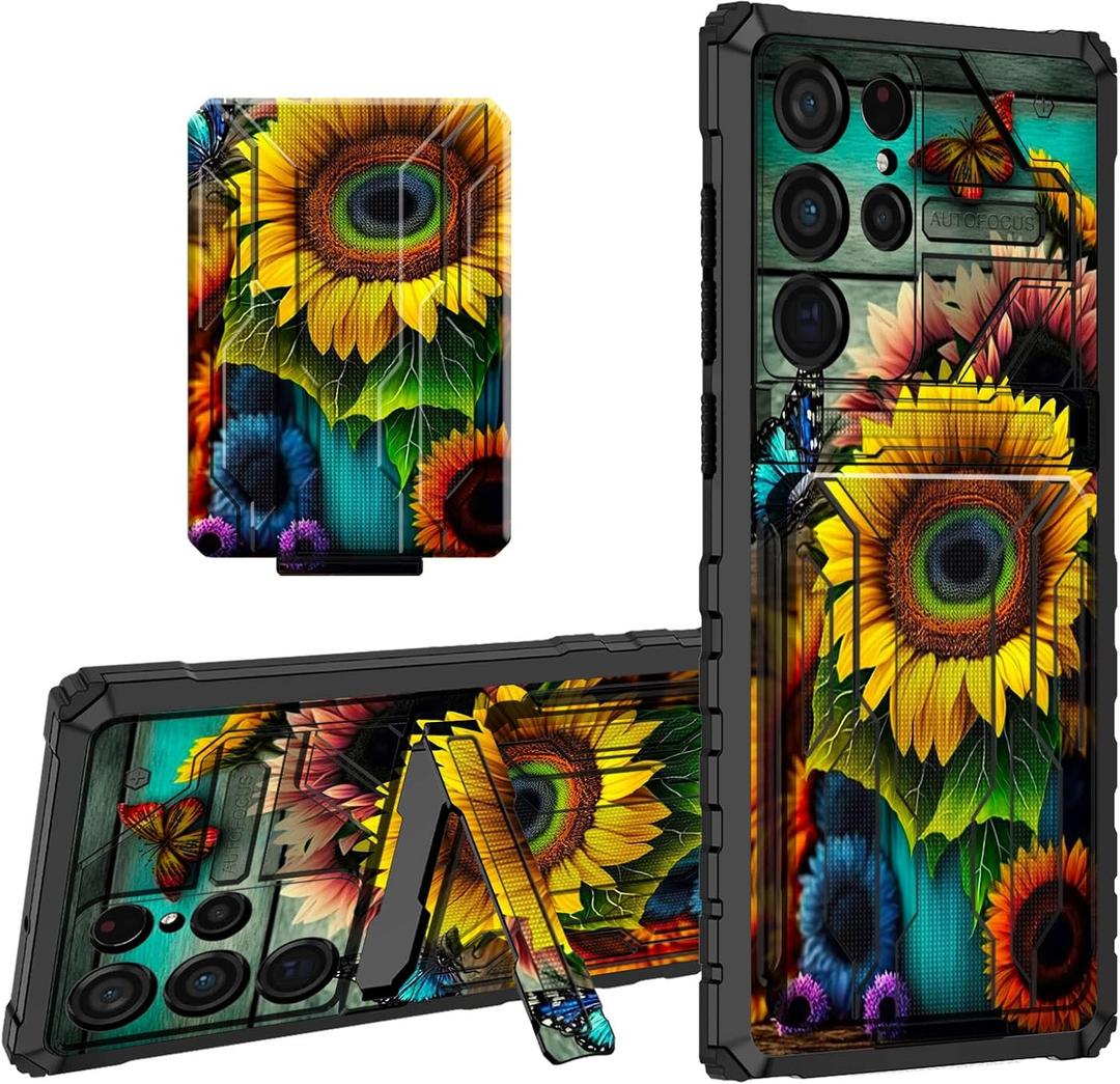 For Samsung Galaxy S22 Ultra Case Wallet Case with Credit Card Holder & Kickstand Dual Layer Hard PC Soft TPU Shock Proof Protective Cover for Samsung S22 Ultra 6.8 inch - Sunflower Butterfly