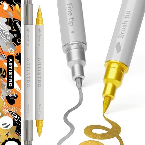 ARTISTRO 2 Silver&Gold Dual-Tip Acrylic Paint Pens - Multisurface Markers for Fabric, Plastic, & More, 1 mm Fine & Brush Tips