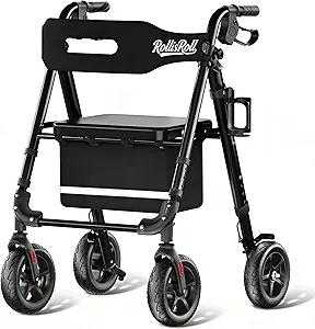 Walkers for Seniors Taller 5.3~7ft, Lightweight Foldable Rollator Walker, Built in Cable, Reinforced Aluminum Frame, 8" Big Rubber Wheels for All Terrain, 350lb Weight Capacity, Black