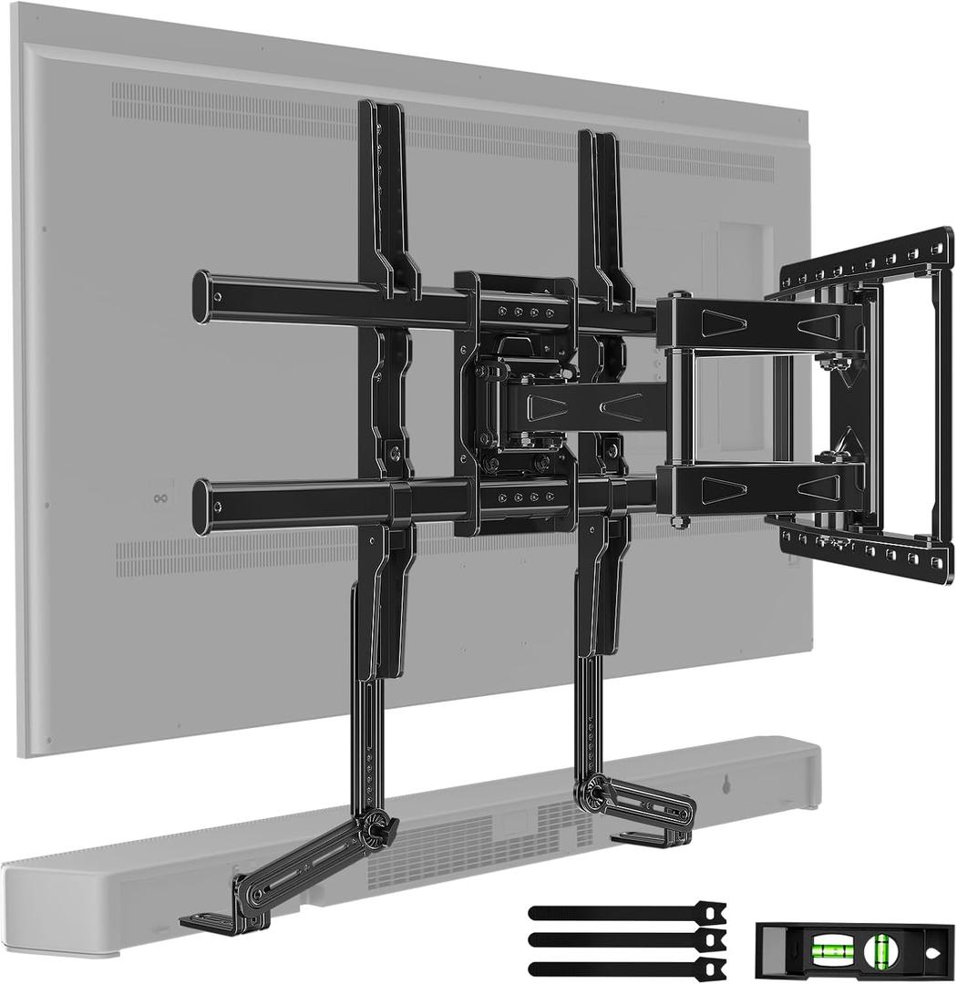 HOME VISION Full Motion TV Wall Mount with Soundbar Bracket, 65 Swivel & Tilt TV Bracket for 32-85 inch TVs, Dual Articulating Arms fits 8"/12"/16" Studs, Max VESA 600x400mm, 132 lbs