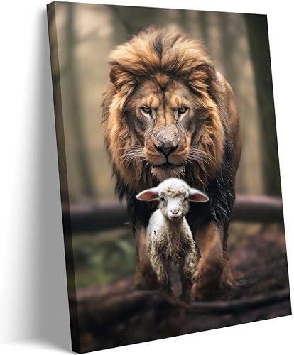 Framed Lion and Lamb Canvas Wall art Christian Jesus Lion King Poster Print God Religious Artwork Church Wall Decor Pictures for Living Room Bedroom Decoration