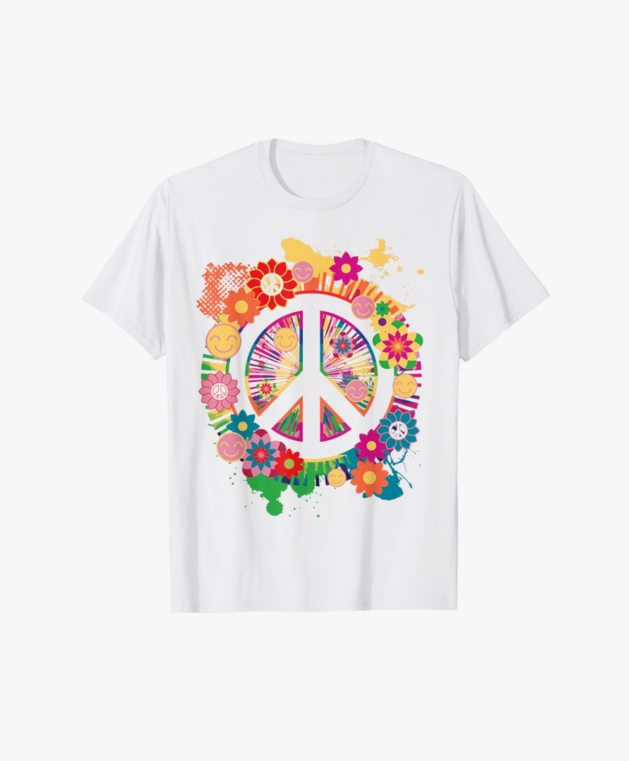 Peace Sign Colorful Flowers Hippie Retro 60s 70's T-Shirt Size XS