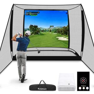 Golf Simulator Cage, 10x8ft Golf Practice Hitting Net with Triple-Layer HD Screen, 5x4ft Golf Mat with Dual Turf for Indoor &Outdoor, Gifts for Men Dad & Golfers
