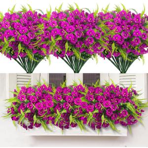 Artificial Flowers Outdoors 12 Bundles Artificial Petunias Fake Flowers UV Resistant Shrubs Plants with Fern for Indoor Outside Hanging Planters Home Garden Summer Decorations (Magenta)