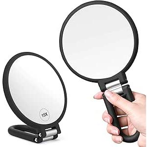 CLSEVXY Magnifying Handheld Mirror Double Sided, 1X 15X Magnification Hand Mirrors, Travel Folding Hand Held Mirror, 360°Rotation Pedestal Makeup Vanity Mirror