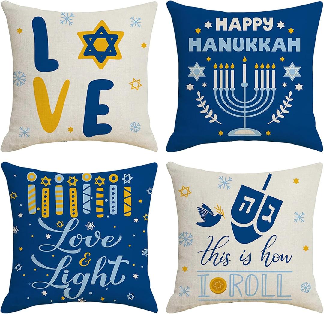 Hanukkah Throw Pillow Covers 18x18 inch Set of 4, Menorah Dreidel Star of David Decorative Pillow Cases for Couch Sofa