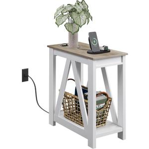 WLIVE Farmhouse End Table, Narrow Side Table with Charging Station, Slim End Table, Side Table for Bedroom, Living Room, Small Spaces, with 2 USB and 2 Power Outlets, 11.8" D x 23.6" W x 23.74" H (Greige)