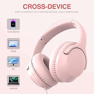 MIDOLA Wired Headphones Over-Ear Hi-Fi Sound with Microphone Adjustable Foldable, 1.5M Cord & 3.5mm Jack, Lightweight Headset for Kids Adults PC iPad Laptop Pink