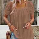 Dokotoo Women's Hollow Pleated Short Sleeves Square Neck Casual Loose Solid Color Knit T Shirts Tops Blouses (Brown, L)