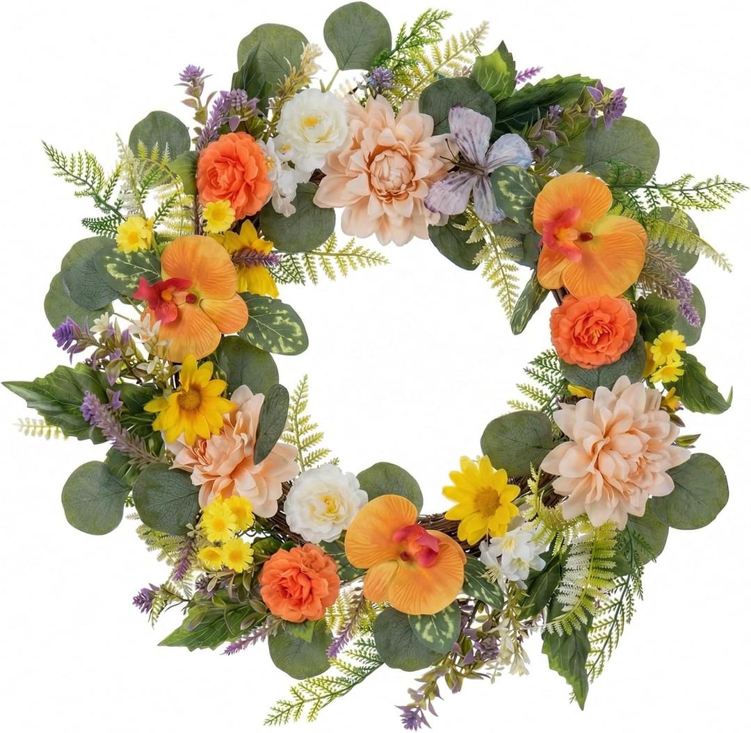 Dahlia Wreaths for Front Door Decor, 20" Artificial Daisy Mums Flowers Wreath Decorations for Spring Summer Home Door Window Outside Wall Indoor Outdoor Porch and Birthday Wedding Party
