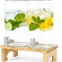 2 Pack 1.5 Gallon Drink dispenser with StandGlass Beverage Dispenser With Wood Stand, 18/8 Stainless Steel Spigot and Labels Large Water Drink Dispensers for Parties, Lemonade,Juice, Tea