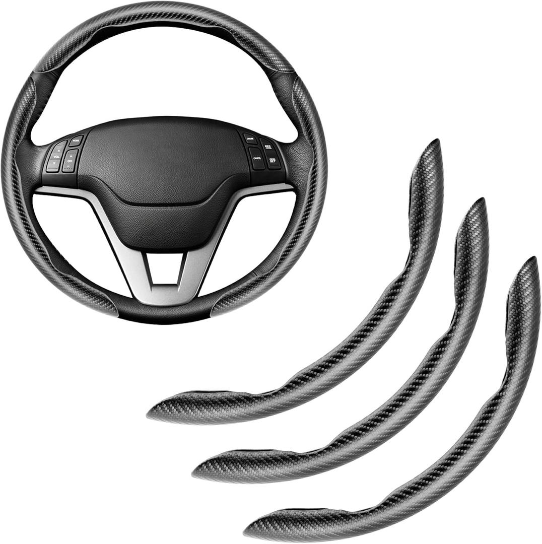 Amiss 3pcs Carbon Fiber Anti-Skid Steering Wheel Cover, Segmented & Butterfly Design, Universal 99% Car Wheel Cover Protector, Black