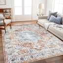 CHAMPLANT 4x6 Washable Vintage Area Rug Tangerine Traditional Floor Cover Foldable Rug Retro Kitchen Accent Rug Indoor Distressed Non Slip Carpet Floral Print Mat Bedroom Living Room Bathroom
