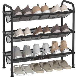 JSB 3 Tier Shoe Rack for Closet Mesh Fabric Metal Shoe Racks, Shoe Storage Organizer Small Narrow Shelf for Entryway, Hallway, Dorm Room (Black, 3 Tier)