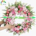 Pink Flower Door Wreath 24-26 Inch  Spring Summer Easter Wreath with Faux Silk Rose Hydrangea White Chrysanthemum Eucalyptus Leaves, Front Door Proch Walls Dcor