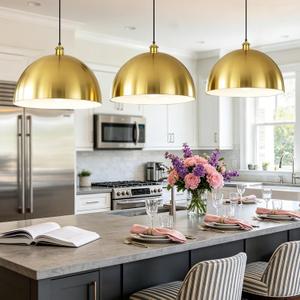 Large Brushed Gold Pendant Light, 16"Gold and White Farmhouse Ceiling Light