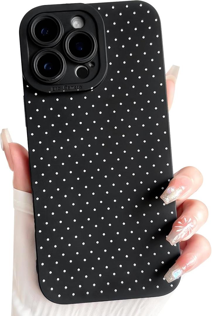 NITITOP Compatible with iPhone 16 Pro Case Cute Aesthetic Little Polka Dots Pattern Design for Women Men Girls Soft TPU Shockproof Stylish Full Camera Protective Phone Cover - Black White