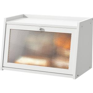 Large Farmhouse Bread Box with Window -White Natural Wood Bread Storage Container for Kitchen Countertop