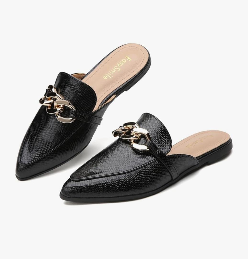 EasySmile Metal Chain Decor Flat Mules for Women Closed Pointed Toe Slip on Loafers Slides Backless Mules Shoes, Size 7