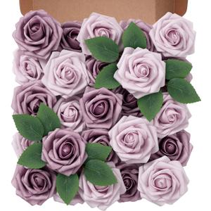 Artificial Flowers Foam Fake Roses 25pcs Series Purple Colors Roses with Stems for Home Decor DIY Wedding Bouquets Party Bridal Shower Centerpieces Faux Flower Arrangements Tables Decorations