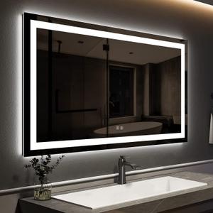 ROOMTEC 48 x 30 Inches LED Bathroom Mirror with Lights, Vanity Mirror with Front and Backlight, Smart Dimmable Anti-Fog LED Mirror for Bathroom, Memory Function, Tempered Glass (Horizontal/Vertical)