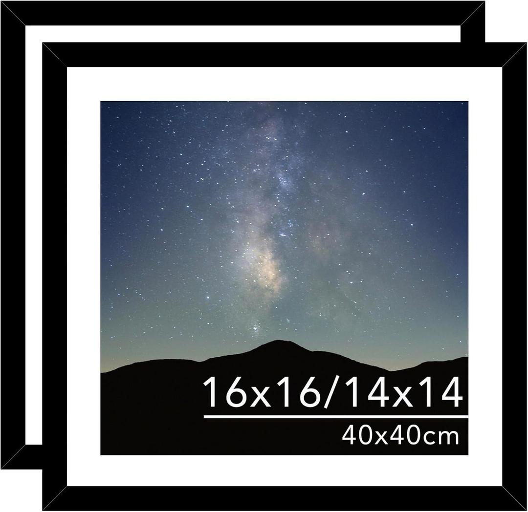 2 Pack 16x16 Picture Frame Black with 14x14 Mat for 40 x 40cm Diamond Art Painting, Display Photo 14x14 with Mat or 16 x 16 Without Mat, Wall Hanging Large Frame with Plexiglass, Black