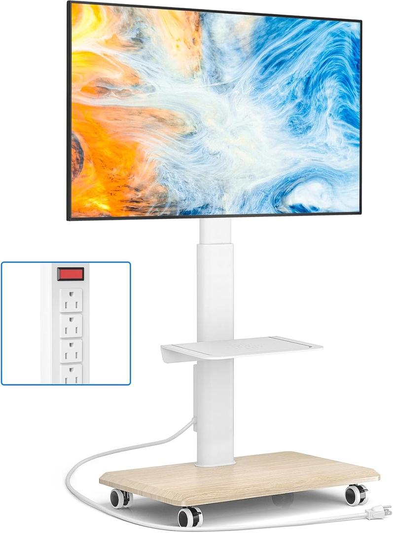 Rfiver Sleek Rolling TV Stand with Power Outlet for Home Decor, Height Adjustable Portable TV Stand on Wheels for 32-75 Inch TVs, Strong Tall Mobile TV Cart with Mount Up to 88 lbs, White