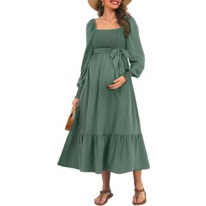 Talisea Maternity Dress for Baby Shower - Fall Spring Photoshoot Smocked Square Neck Pregnancy Wedding Guest Midi Dress (Green, XL)