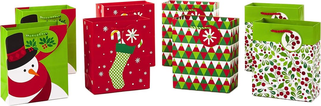 Hallmark 6" Small Christmas Gift Bag Bundle, Festive Holiday (Pack of 8, 4 Designs)