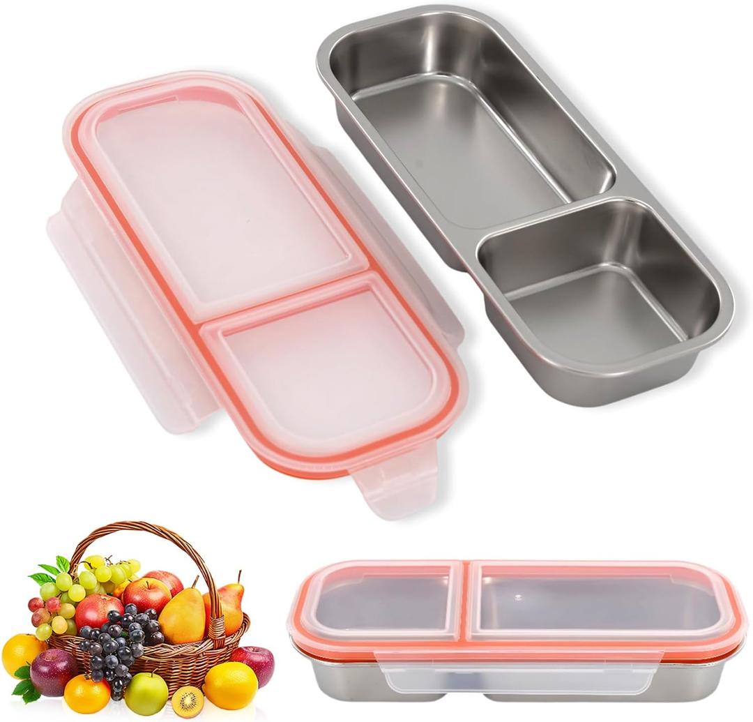 2pcs Stainless Steel Snack Containers, Double Compartment Snack Containers with Lids, Small and Portable, Reusable, Leak-Proof for Take-Out Fruit, Nuts, Salad Dressing Or Sauces