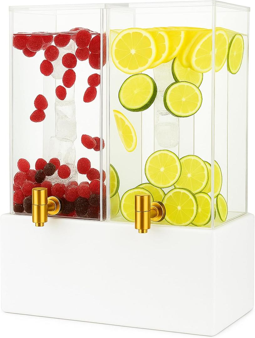 1.25 Gallon Dual Acrylic Beverage Dispenser with Metal Stand Two-Drink Server with Ice Cores & Stainless Steel Spigots